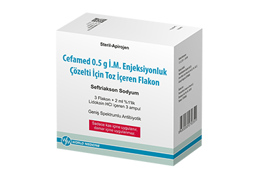 CEFAMED 0.5 G IM enjeksiyonluk çözelti hazırlamak için toz içeren flakon. 3 adet kutu görseli