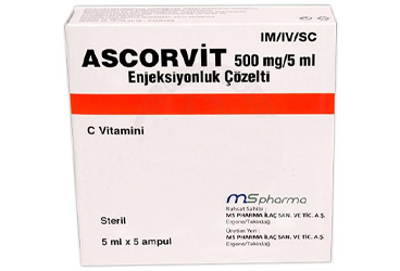 ASCORVIT 500 mg/5 ml enjeksiyonluk çözelti (5 ampül) kutu görseli