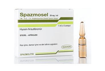 SPAZMOSEL 20 mg/ml IM/IV/SC enjeksiyonluk çözelti içeren ampül kutu görseli