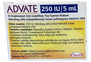 ADVATE 250 IU/5 ml IV enjeksiyon için liyofilize toz içeren flakon { Eczacibasi-Baxalta } kutu görseli