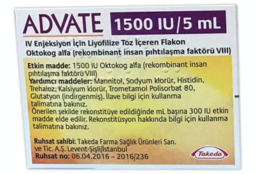 ADVATE 1500 IU/5 ml IV enjeksiyon için liyofilize toz içeren flakon { Eczacibasi-Baxalta } kutu görseli