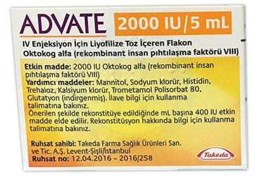 ADVATE 2000 IU/5 ml IV enjeksiyon için liyofilize toz içeren flakon kutu görseli