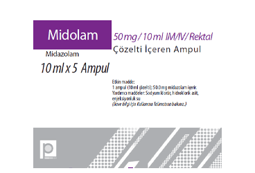 MIDOLAM 50 mg/10 ml IM/IV rektal çözelti içeren 5 ampül kutu görseli