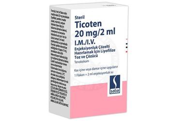 TICOTEN 20 mg / 2 ml IM/IV enjeksiyonluk çözelti hazırlamak için liyofilize toz ve çözücü (1 flakon 1 çözücü ampül) kutu görseli