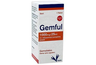 GEMFUL 1000 mg/25 ml IV infüzyon için konsantre çözelti içeren flakon kutu görseli