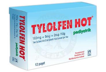 TYLOLFEN HOT pediyatrik 160 MG+5 MG+2 mg/10 G tek kullanımlık oral çözelti hazırlamak için toz (12 adet) kutu görseli