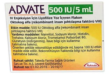 ADVATE 500 IU/5 ml IV enjeksiyon için liyofilize toz içeren flakon kutu görseli