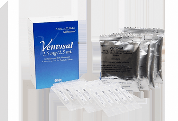 VENTOSAL 2.5 mg/2.5 ml nebulizasyon için inhilasyon çözeltisi içeren tek dozluk 20 flakon kutu görseli