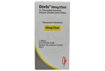DOXTU 50 mg/25 ml IV/intravesikal konsantre infüzyon çözeltisi içeren flakon kutu görseli