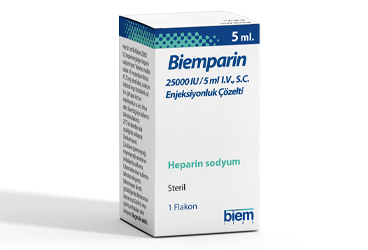 BIEMPARIN 25000 IU/5 ml IV enjeksiyonluk çözelti içeren 1 flakon kutu görseli