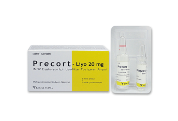 PRECORT-LIYO 20 mg IM/IV enjeksiyon için liyofilize toz içeren ampül kutu görseli