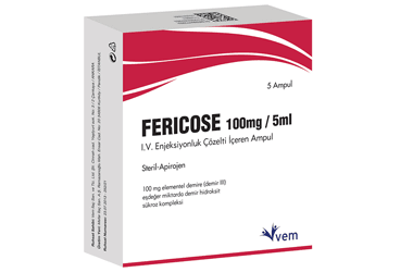 FERRICOSE 100 mg/5 ml IV enjeksiyonluk çözelti içeren 5 ampül kutu görseli