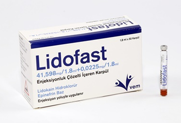LIDOFAST 41.598 mg/ 1.8 ml+0.0225 mg/1.8 ml enjeksiyonluk çözelti içeren karpul (50 adet) kutu görseli